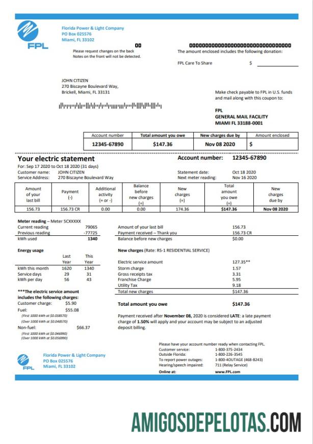 imprimível Modelo de conta de serviços públicos de eletricidade da USA Florida Power & Light Company (FPL) em formato Word e PDF